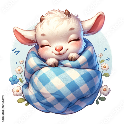Dreamy Goat: An adorable, cartoon-style goat nestled in a cozy, checkered blanket, surrounded by delicate flowers, showcasing pure bliss and peaceful slumber.
