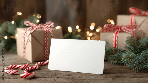 christmas voucher, clean white voucher mock-up resting on a wooden table with Christmas lights, candy canes, wrapped presents, and green fir branches in the background. Winter holiday mood, 16:9
