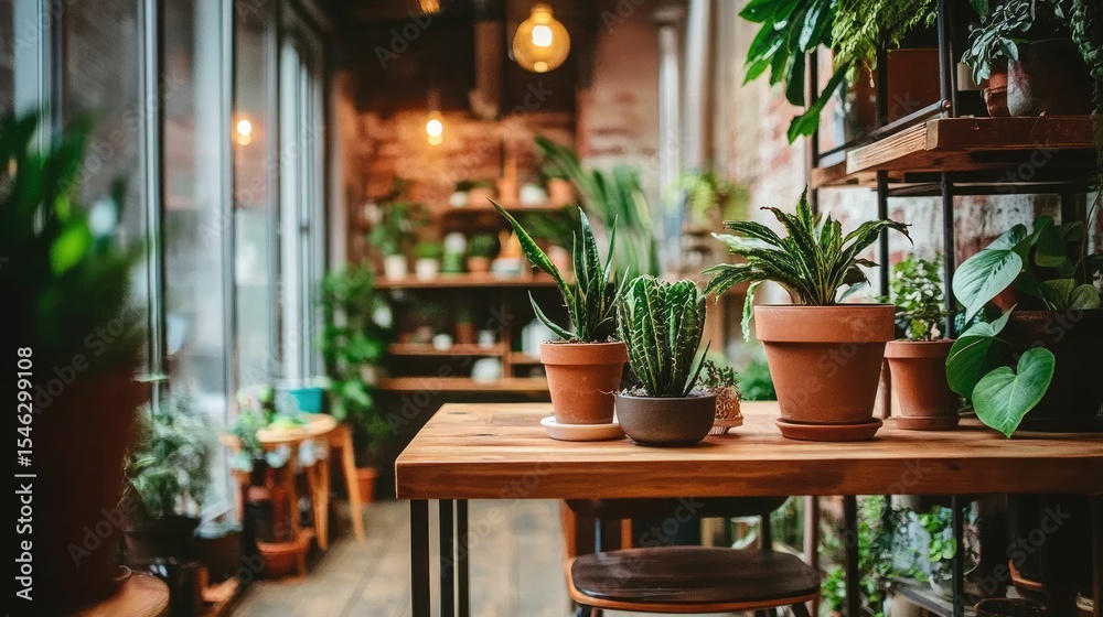 Obraz premium Lush greenery thrives in a sunlit indoor space.