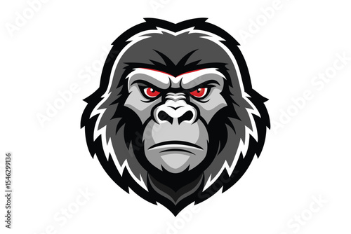 Gray gorilla face featuring red eyes shows a determined expression in this modern vector