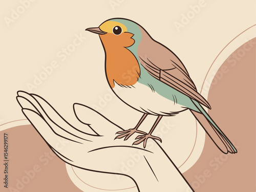 a small bird perched on top of a persons hand, Gentle Moment of a Small Bird Perched on a Person’s Hand — Minimalist Vector Illustration Showcasing Human-Animal Connection, Nature