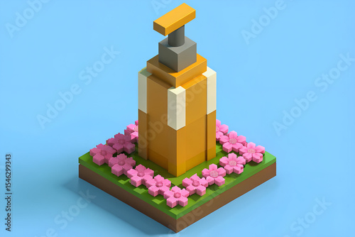 Amber Glass Shampoo Bottle Mockup with White Label and Pink Flowers