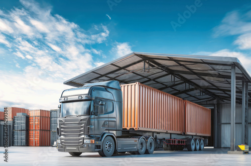Truck unloads large shipping containers inside warehouse under a photo