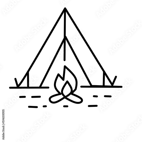 Simple line drawing of a tent with a campfire in front. Represents camping, outdoors, and adventure for icons