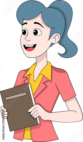 Smiling Cartoon Financial Secretary Holding Documents