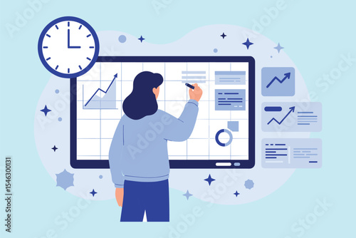  Project Management and Planning: Woman Creating a Timeline on a Digital Boardflat vector illustration