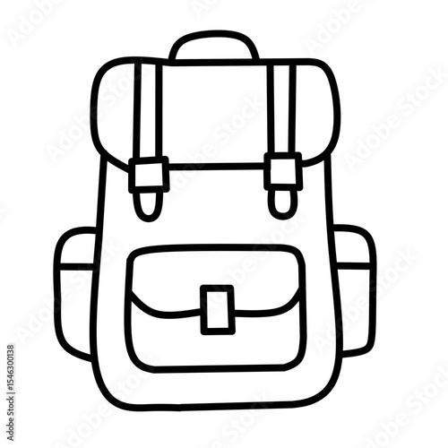 Simple line drawing of a backpack with straps and pockets. Represents travel, adventure, and carrying essentials for icons