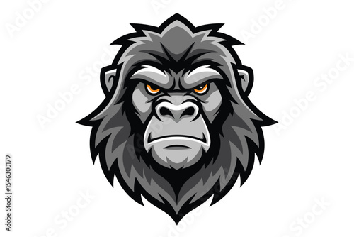 Fierce gorilla head gazes intensely with sharp orange eyes on a white background