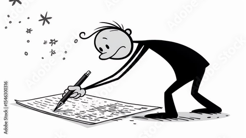 Stickman Writing Detailed Black and White Image on White Background Ideal for Illustrating Documentation and Problem Solving in Stock Video Footage