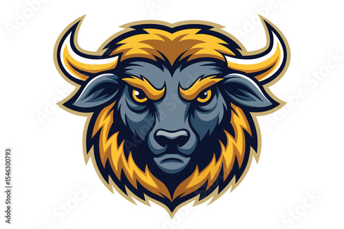 Blue bison head with golden horns and fierce yellow eyes stares intently