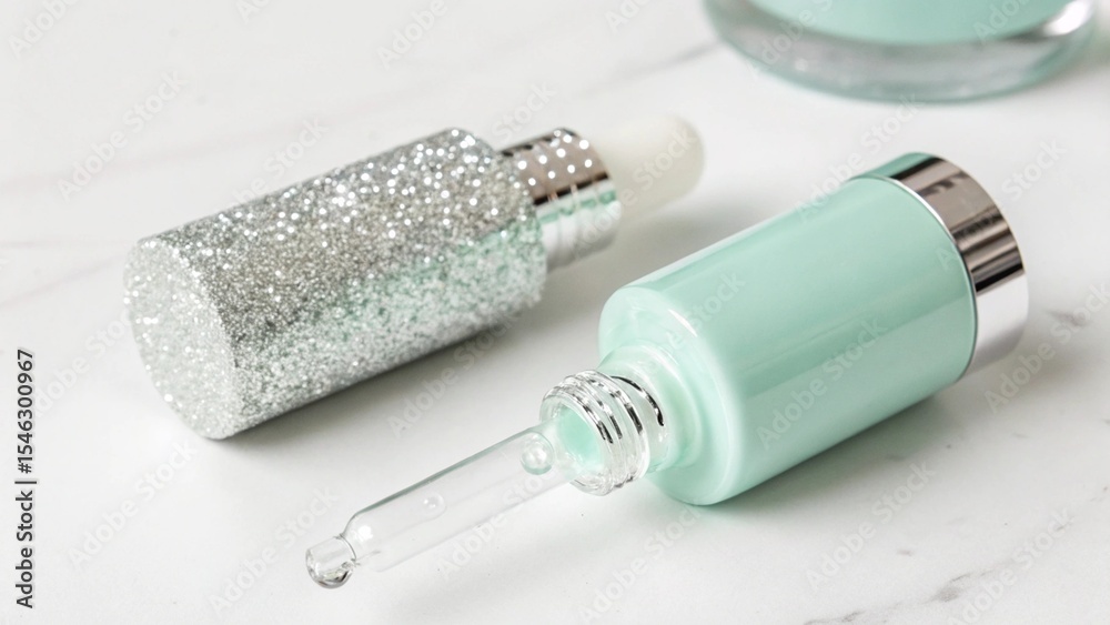 Naklejka premium Pastel colored cosmetic dropper bottle with glitter.