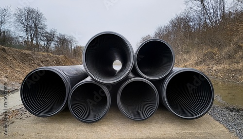 black plastic pipes designated for water supply or sewer installations arranged for upcoming maintenance or construction