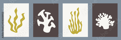 Abstract modern posters in Matisse style. Contemporary print with nature themed, irregular shapes. Retro wall decor paintings with floral, seaweed coral, chaotic shapes. Vector illustration collection