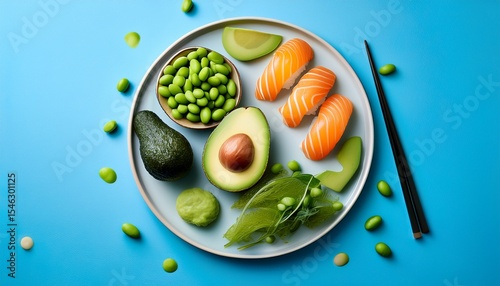 fresh sushi avocado greens and edamame arranged on a light blue background showcasing vibrant japanese cuisine ingredients