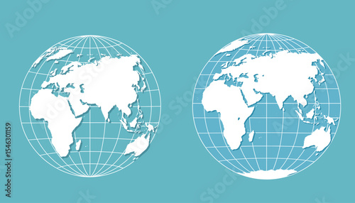 World globes maps set. Europe, Asia, North and South America, Oceania, Africa globe maps. Earth globe icons isolated on blue background. Vector illustration