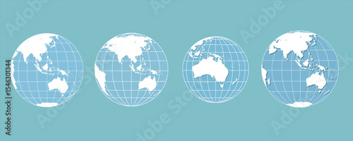 World globes maps set. Europe, Asia, North and South America, Oceania, Africa globe maps. Earth globe icons isolated on blue background. Vector illustration