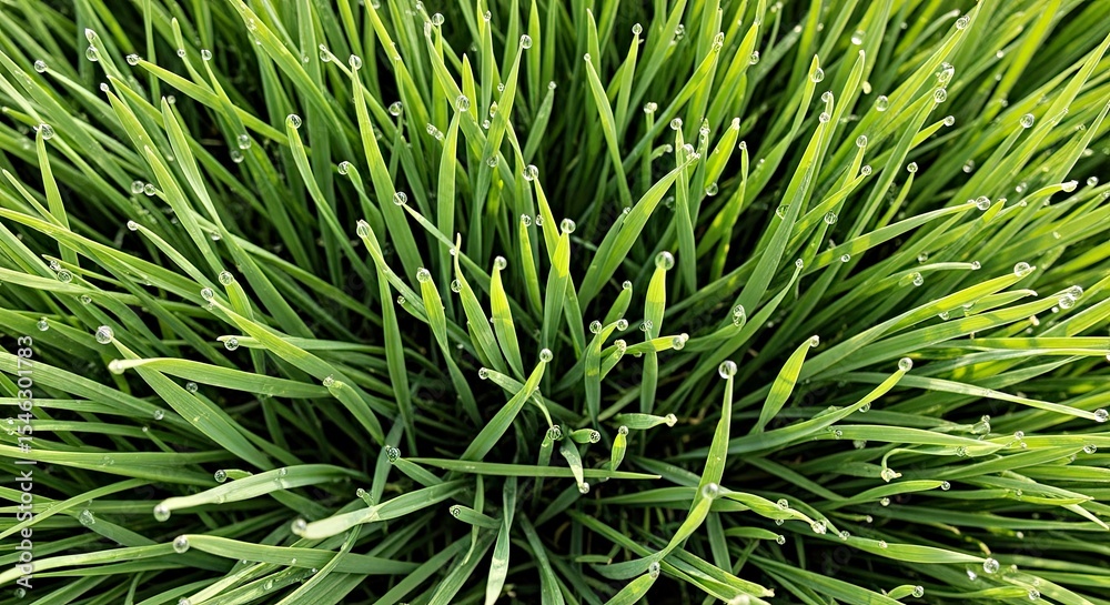 Fototapeta premium Vibrant Fresh Green Grass Texture Spring Dew Drops Natural Outdoor Beauty