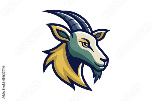 Stylized goat head with curved horns and detailed fur stands out boldly