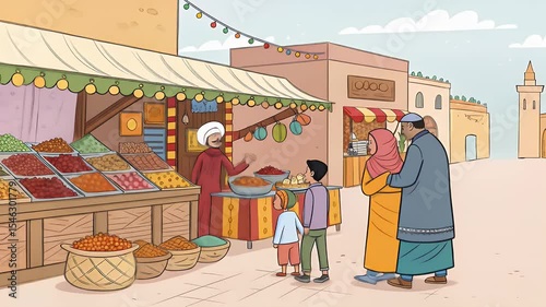 Vibrant Middle Eastern Bazaar with Family Browsing Colorful Spices and Sweets in the Traditional Market with Old Buildings and Vendor in Cartoon Style