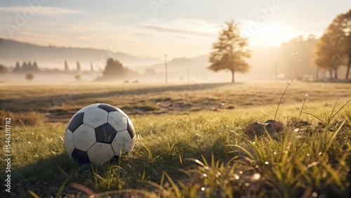 Soccer Ball on Dewy Morning Field with Hazy Hills and Sunrise Glow