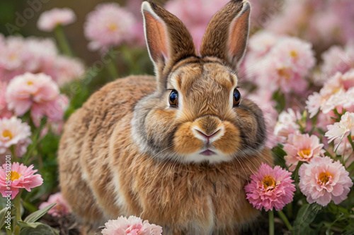 Adorable brown rabbit in a pink flower garden