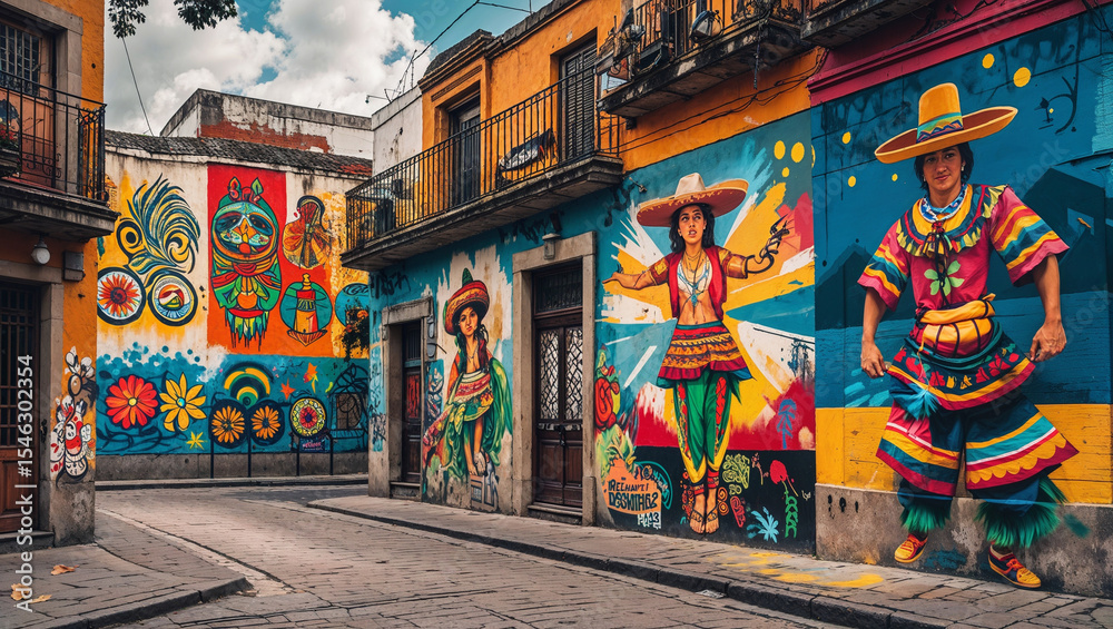 Naklejka premium Colorful mexican street scene with mural art and traditional costume featuring sombrero and folk dance.