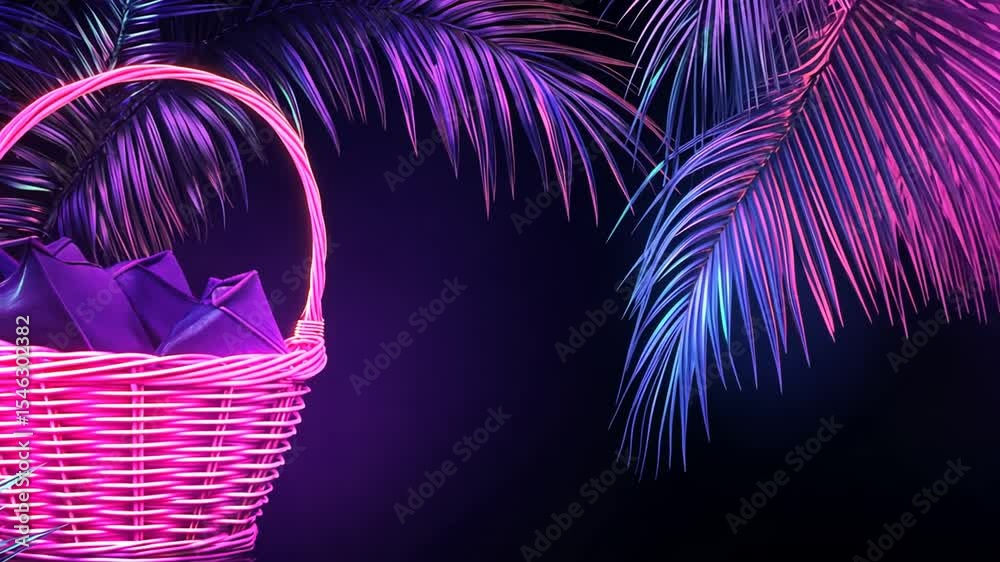 Neon-lit wicker basket with palm leaves