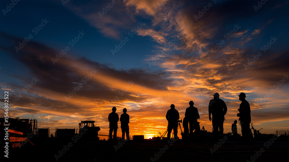 Fototapeta premium A group of silhouetted figures against a vibrant sunset. The sky is a blend of bright oranges, pinks, and deep blues, with the outlines of the figures highlighted in black.