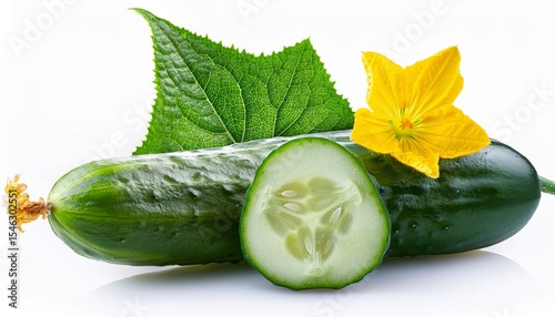 fresh green cucumber halved with leaf and flower