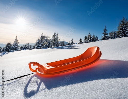 orange plastic sled resting on a snow covered hill