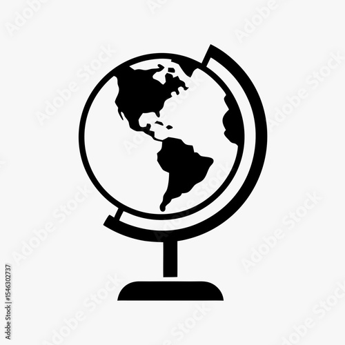 Black and White Globe Icon Showing North and South America on a Stand
