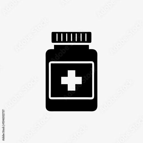 Black Medicine Bottle Icon with Medical Cross Symbol Isolated on White Background
