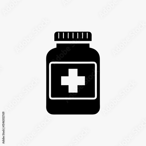 Black Medicine Bottle Icon with Medical Cross Symbol Isolated on White Background
