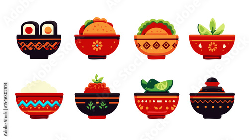 Ethnic cuisine menu Set of 8 Flat Ethnic Food Icons Tandoori Chicken Sushi Roll Taco Pad Thai Pierogi Couscous Falafel Goulash