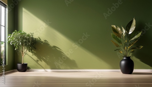 olive green wall empty room with a vibrant plant in a minimal black vase creating a harmonious earthy atmosphere
