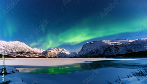 majestic northern lights above frozen lake and snowy mountains