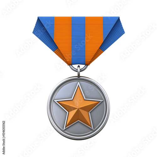 Gold star on striped strap. Military medal. 3d rendering isolated on white background. Cartoon plastic style icon