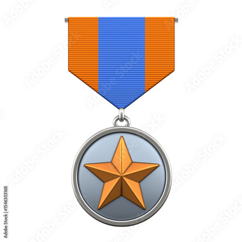 Gold star on striped strap. Military medal. 3d rendering isolated on white background. Cartoon plastic style icon