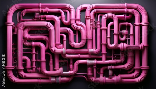 a visually striking maze of pink pipes mounted against a black wall rendered in 3d with a modern industrial aesthetic