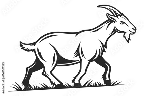 Silhouette shows a monochrome goat calmly walking on grass in a line drawing