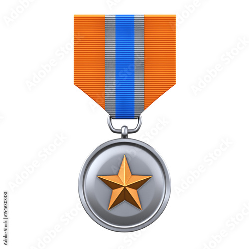 Gold star on striped strap. Military medal. 3d rendering isolated on white background. Cartoon plastic style icon
