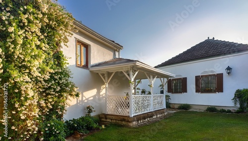 white walled house with a backyard gazebo morning sun rays casting a glow on dewy jasmine vines