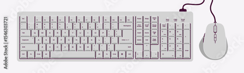 Computer full-size keyboard and mouse. Vector illustration. Modern design. Suitable for tech, office, UI elements, digital devices, and workspace concepts. White color.