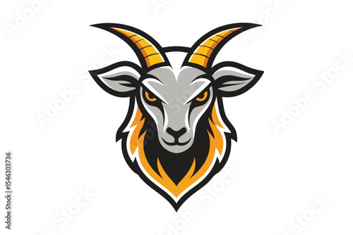Gray goat head with yellow horns stares intensely on a white background