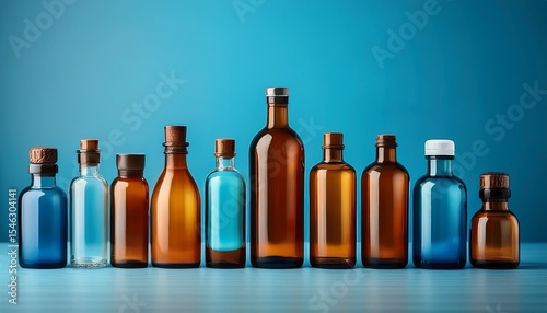 various brown and blue bottles of different shapes and sizes are arranged in a row against a vibrant blue background