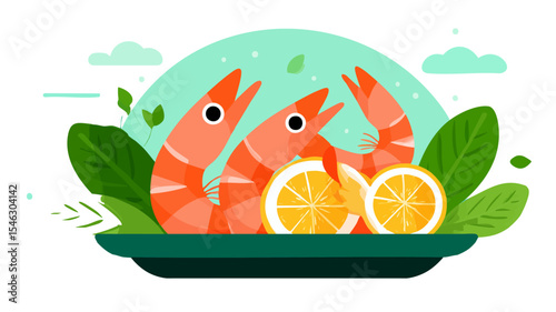 Flat vector icon of seafood platter with shrimp and lemonFood Seafood