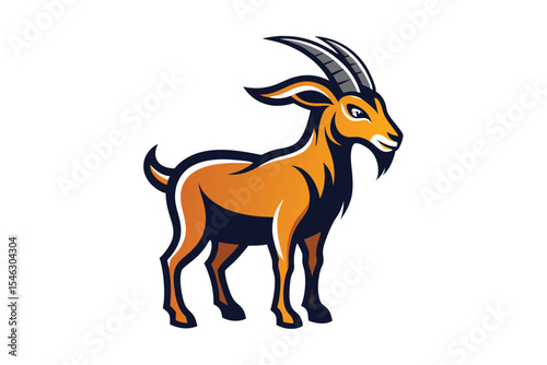 Isolated orange and navy goat mascot stands quietly on a white background