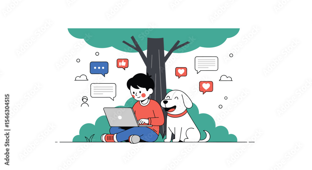 Obraz premium Person with a Dog Using Laptop in Nature Under Tree with Social Media Icons