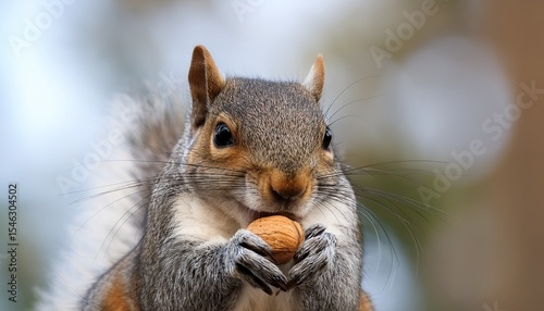 close up of a gray squirrel holding and cracking a nut