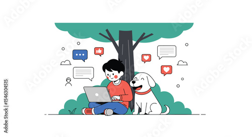 Person with a Dog Using Laptop in Nature Under Tree with Social Media Icons